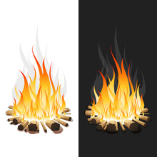 Illustration Of Burning Bonfire With Wood On White And Black Background