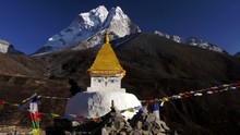 Buddha's Eyes On Stupa High In The Mountains, Nepal. Slow Motion Shot. 4K, UHD