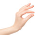 Closeup female hand making picking gesture isolated at white background.