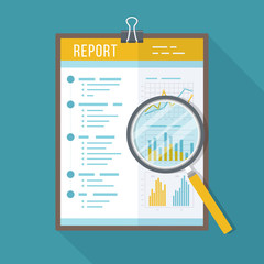 Business report, paper document with magnifying glass.  Isolated icon with long shadow. Charts graphs on a paper. Accounting, analysis, research, planning, audit, report, management. Vector