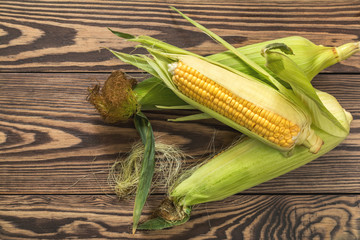 Wall Mural - Fresh corn on cobs on rustic wooden table, top view. Dark wooden background freshly harvested organic corn.