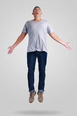 levitation. young man walking jumping on air