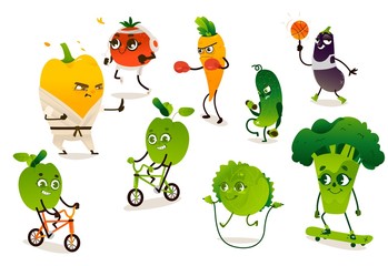 Set of funny vegetables doing sport, cartoon vector illustration isolated on white background. Pepper, tomato, broccoli, apple, carrot, cucumber, cabbage, eggplant characters doing sport exercises