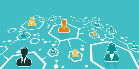Business network concept illustration with abstract net and avatar silhouettes. Flat design and punchy pastel colors
