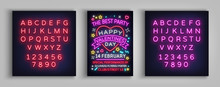 Happy Valentine's Day Poster Party. Neon Design Template Typography, Neon Sign, Bright Banner, Nightlife Nightclub Advertising, Card, Flyer. Vector Illustration. Editing Text Neon Sign