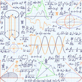 Fototapeta Mapy - Math vector seamless pattern with equations, figures, formulas, plots and other calculations, handwritten on grid copybook paper, different colors