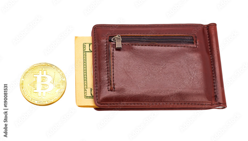 Leather wallet with paper money and gold bitcoin