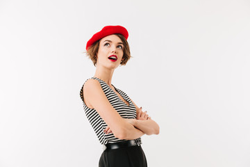 Wall Mural - Portrait of an excited woman dressed in red beret