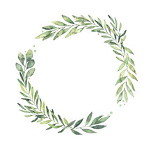 Hand Drawn Watercolor Illustration. Botanical Wreath Of Green Branches And Leaves. Spring Mood. Floral Design Elements. Perfect For Invitations, Greeting Cards, Prints, Posters, Packing Etc