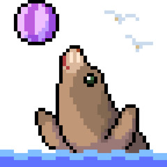 Wall Mural - vector pixel art sea lion play ball