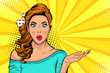 © Brazhyk - Wow pop art face of surprised fashion girl open mouth. Beautiful young woman model pointing hand, advertising gesture.  Vector bright background in pop art retro comic style.