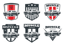 Set Of Classic Muscle Car Emblems And Badges Isolated On White Background.