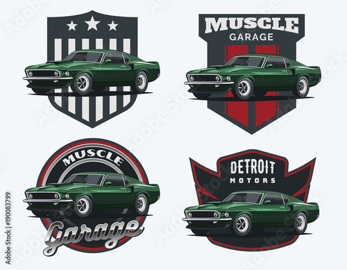Fotografiet  Set of classic muscle car emblems and badges.
