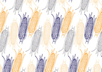 Vector hand drawn Corn cobs pattern in yellow, blue, orange and gray colors palette on white background