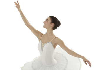 Wall Mural - ballerina doing the allonge' pose on white bakground