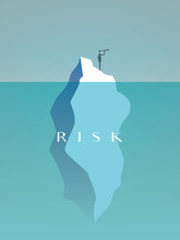Business Risk Vector Concept With Businessman On Iceberg In Sea. Symbol Of Challenge, Danger, Leadership And Courage.