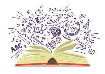 open book with education, school, science hand drawn sketches on white background. vector illustrati