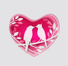 Paper Pink Heart And Two Birds