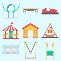 Wall Mural - Icons set about Amusement Park with climb , bumber car, game zone, carousel, pirate ship ride  and horse carousel