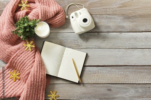 Fotografie, Obraz Instant camera with open diary and scarf