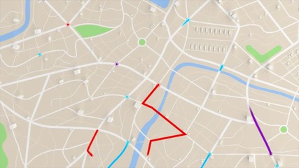 Poster - 4k animation aerial view of map with 3d building and destination moving location path