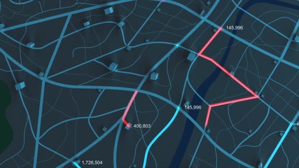 Poster - 4k animation aerial view of night map with 3d building and destination moving location path with gra
