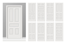 Vector White Painted Interior Wooden Doors Set In Flat Style. Realistic Proportions, 1:100 Scale.
