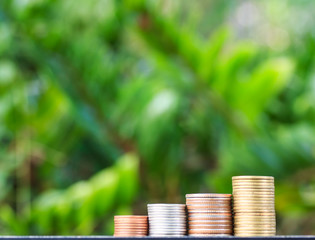 Rows of coins on wooden floor, Saving money and growth money concept.