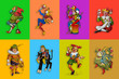 Osiem karcianych jokerów w kolorowych prostokątach