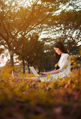 Sticker - beautiful woman using laptop in the park