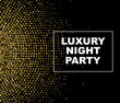 Gold glitter dots halftone abstract flyer design, vector illustration. Glowing futuristic pattern, black cover, disco club invitation concept.