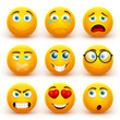 Yellow 3d emoticons vector set. Funny smiley face icons with different expressions
