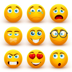 Poster - yellow 3d emoticons vector set. funny smiley face icons with different expressions