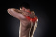 Neck pain, man with backache on black background