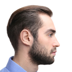 Wall Mural - Young man on white background. Hearing problem