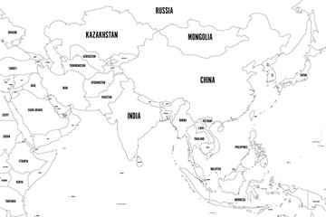Political map of western, southern and eastern Asia. Thin black outline borders. Vector illustration.