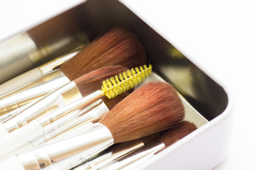 Make Up Beauty Concept. Set of make up brushes for lipstick, eyeshadows, foundation, powder, eyeliner and blusher in a metal case, white background with copy space, close up