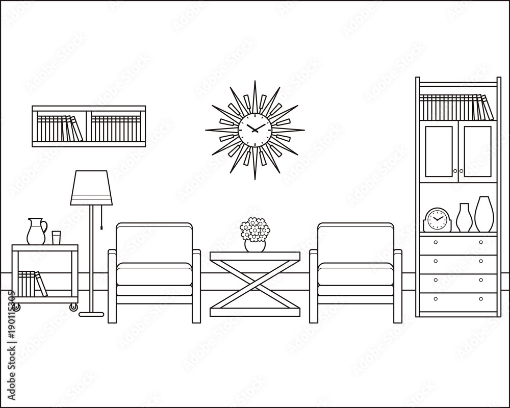 Room interior outline sketch. Retro living room in flat design. Vector ...