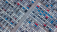 Aerial View New Car Lined Up In The Port For Dealership Business Import And Export, New Car Lined Up Parking Lot Outside An Automobile Automotive Factory Distribution For Sale.