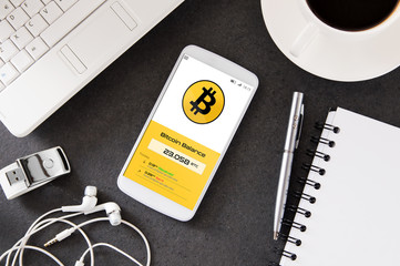 Poster - Smartphone is laying on the desk with cryptocurrency wallet application. Interface created in graphic program
