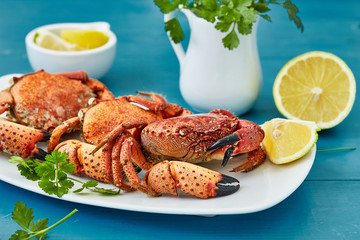 Wall Mural - Red boiled crabs with a lemon and parsley on blue wooden background