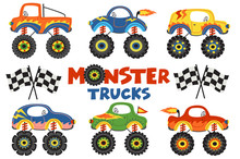 Set Of Isolated Monster Trucks - Vector Illustration, Eps