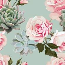 Succulents And Roses Vector Seamless Pattern Of Floral Ornament With Mint Green Flowered Background