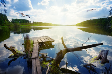 Wall Mural - wooden pier for fishing on the lake with seagulls