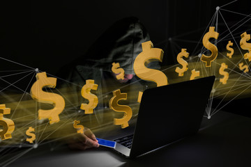 Poster - Hacker man in the dark using computer to hack data and information system