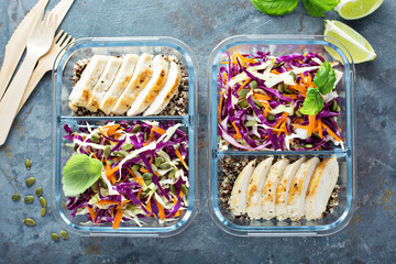 Healthy meal prep containers with quinoa and chicken