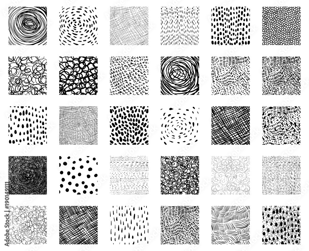 Hand drawn vector square texture shapes with lines, dots, scribbles and ...