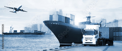 Cuadros en Lienzo Transportation, import-export and logistics concept, container truck, ship in po