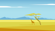 African Vector Landscape With A Giraffe And A Tree Standing In The Middle Of Savannah And Mountains In The Distance. Acacia And Giraffe In The Field Of Savannah Illustration. Nature Of Africa.