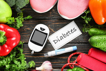 Digital Glucometer, Lancet Pen And Vegetables On Table. Diabetes Diet